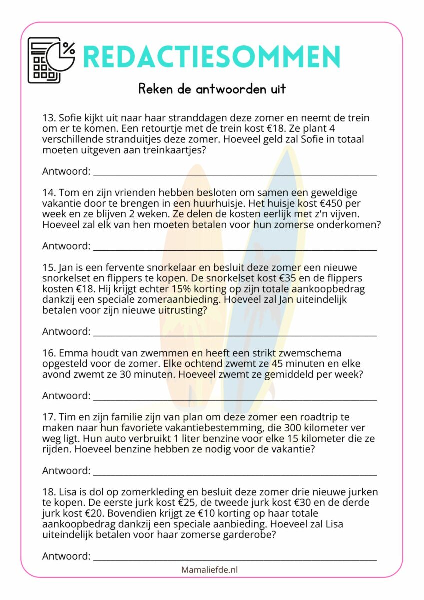 Thema zomer / vakantie werkbladen voor kleuters, middenbouw en bovenbouw in groep 3, 4, 5, 6, 7 en 8. redactiesommen - Mamaliefde.nl