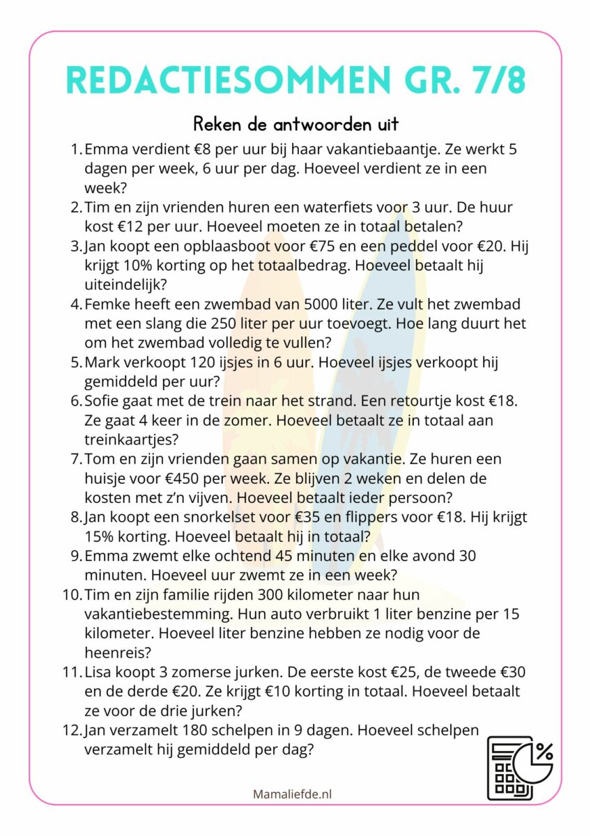 Thema zomer / vakantie werkbladen voor kleuters, middenbouw en bovenbouw in groep 3, 4, 5, 6, 7 en 8. redactiesommen - Mamaliefde.nl